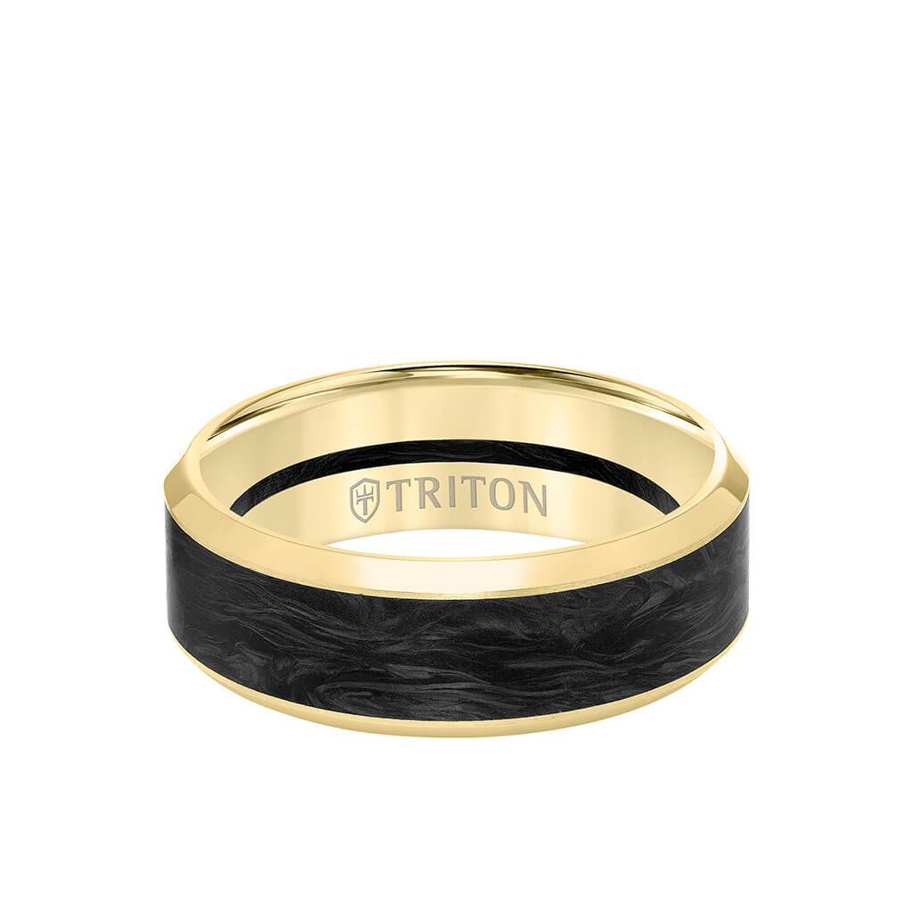 Triton 8mm 14k Yellow Gold with Forged Carbon Inlay Band - Mens